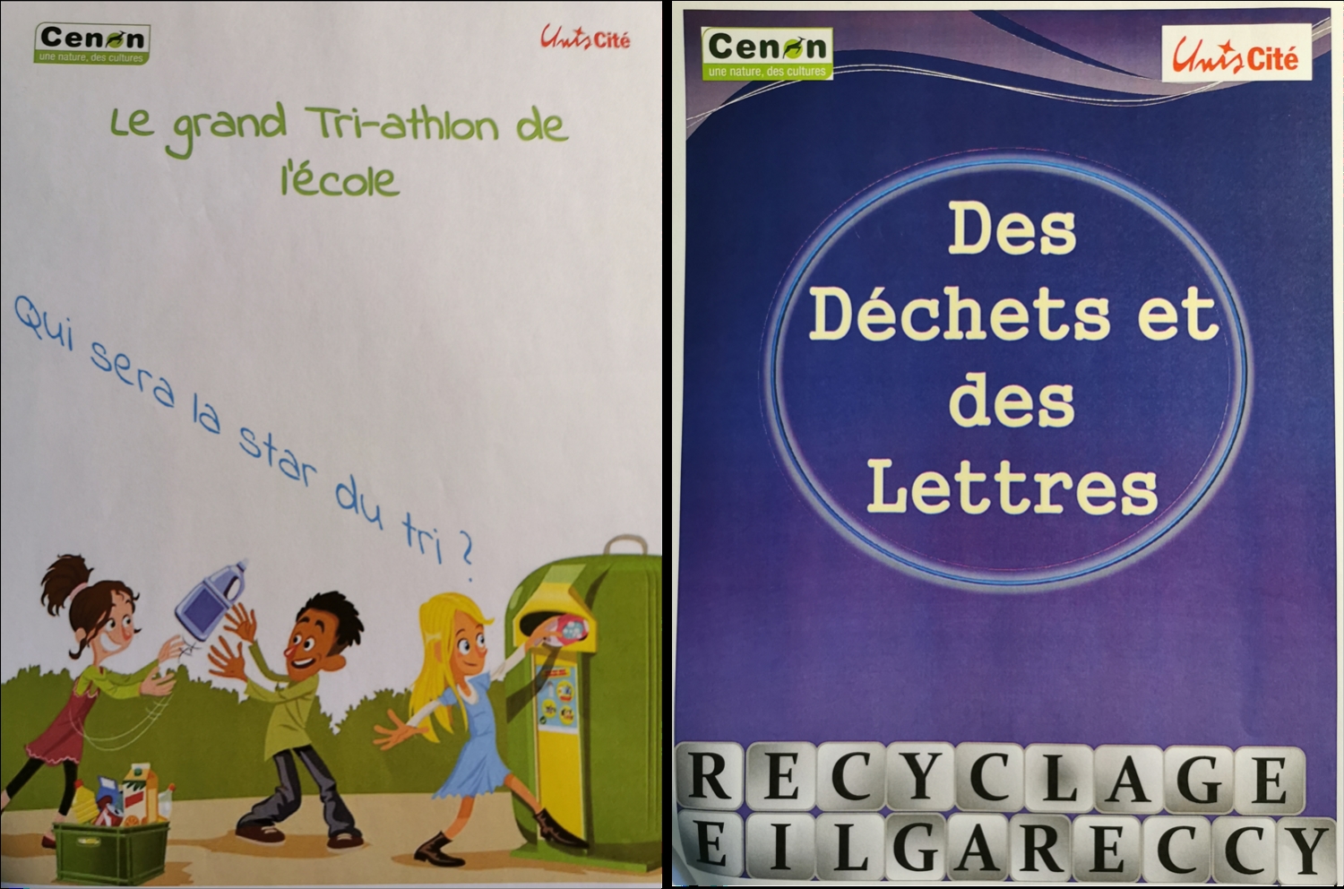 les 2 flyers Tri-athlon et des déchets et des lettres réalisés par les l'équipe développement durable