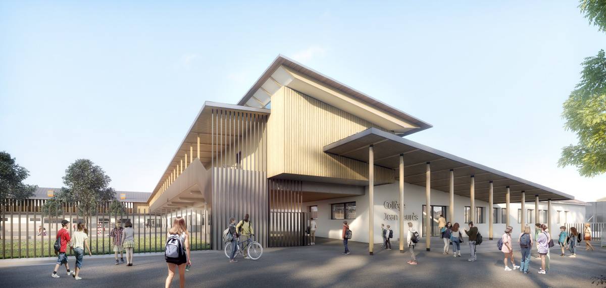 Vue du collège depuis l'entrée /crédit : Art'Ur architectes-perspectives-Sébastien Hommes