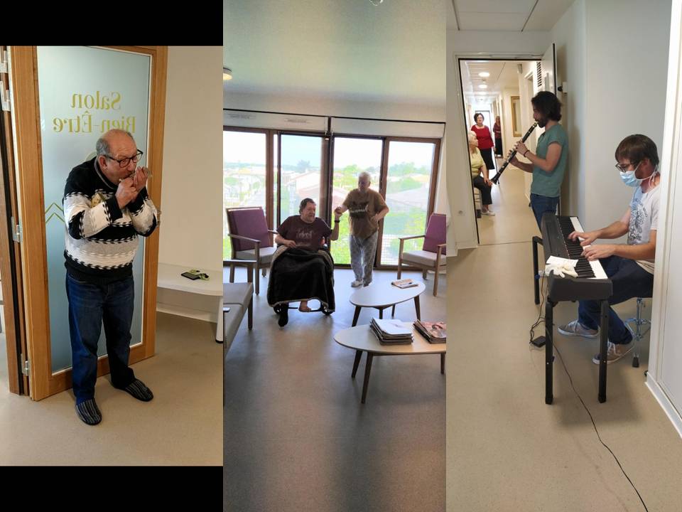 Fernand à l'harmonica, Gaetan et Denis au clavier et à la clarinette pour faire danser les seniors de la Réseidence Pelletan
