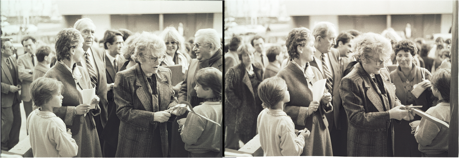 Inauguration de l’APAFED par Yvette Roudy, Ministre des droits de la femme / 12 décembre 1985, aux côtés de Josiane Rode, Pierre Garmendia et rené Bonnac