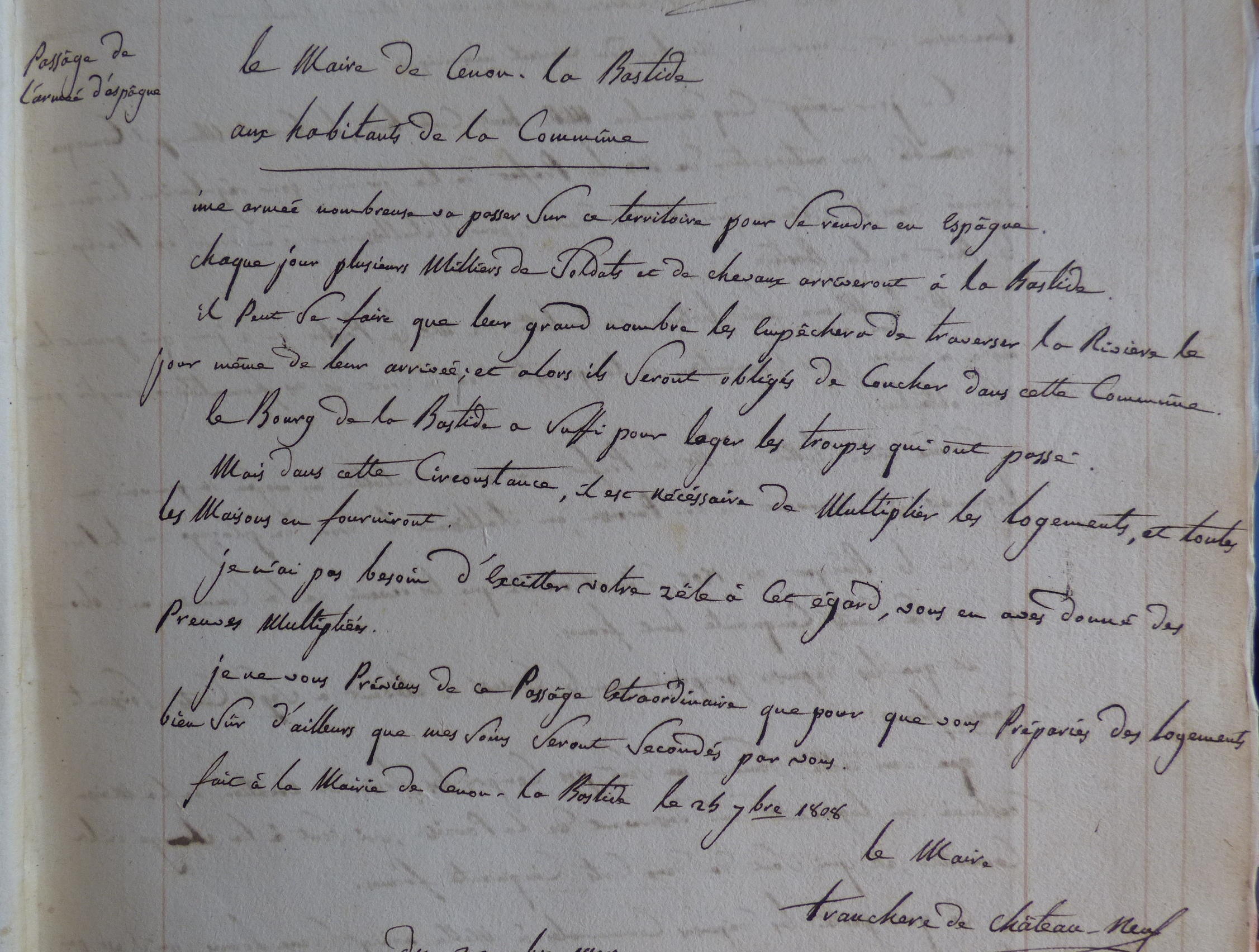 Informations aux Cenonnais du passage de Napoléon et de ses troupes