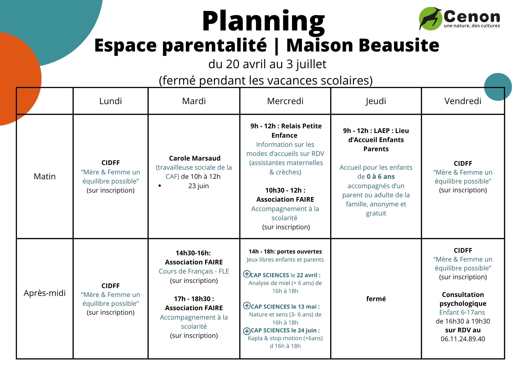 Programme Beausite du 20/04 au 3/07