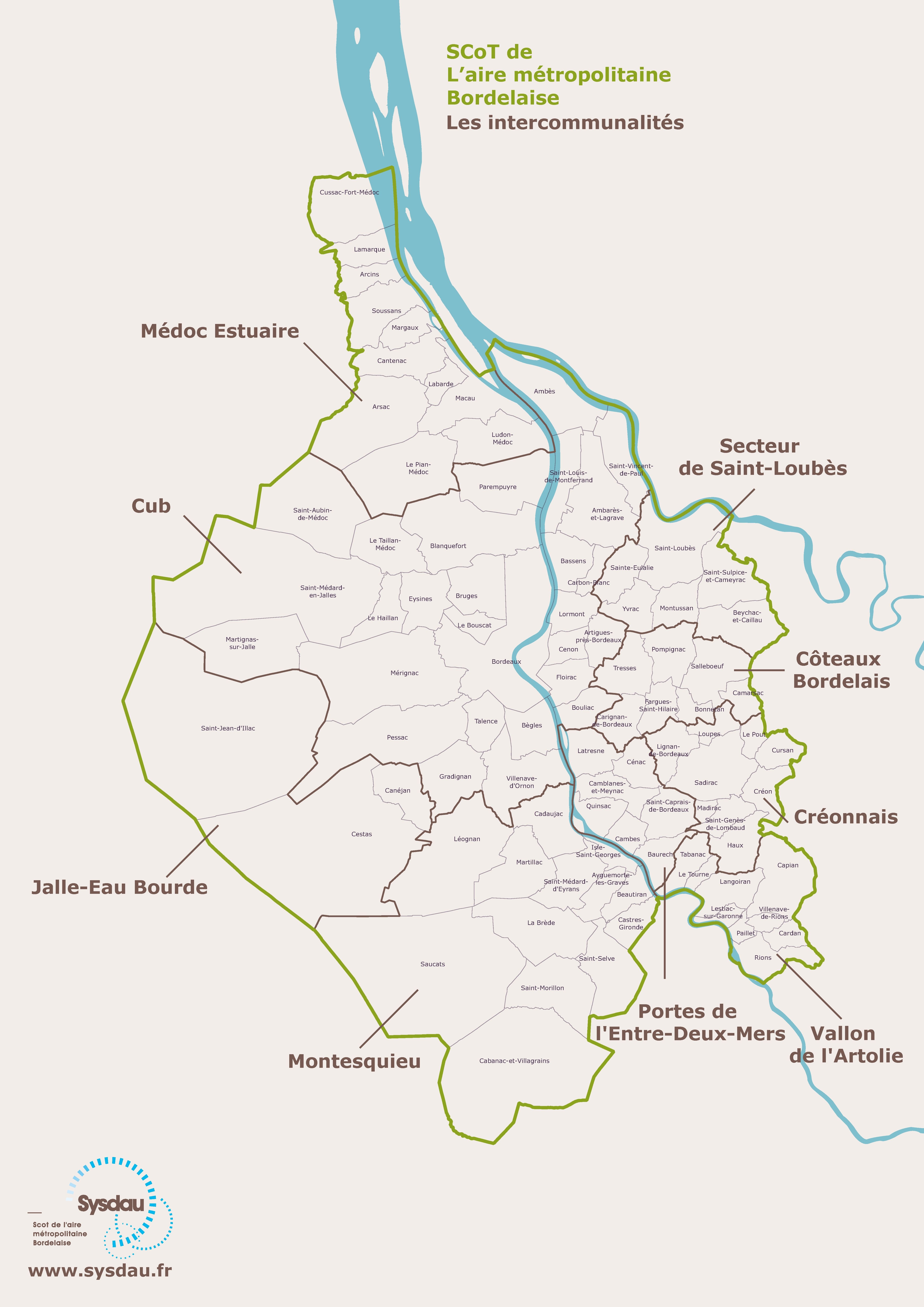 Carte regroupant l’ensemble des intercommunalités de Bordeaux Métropole au regard du SCOT défini.
